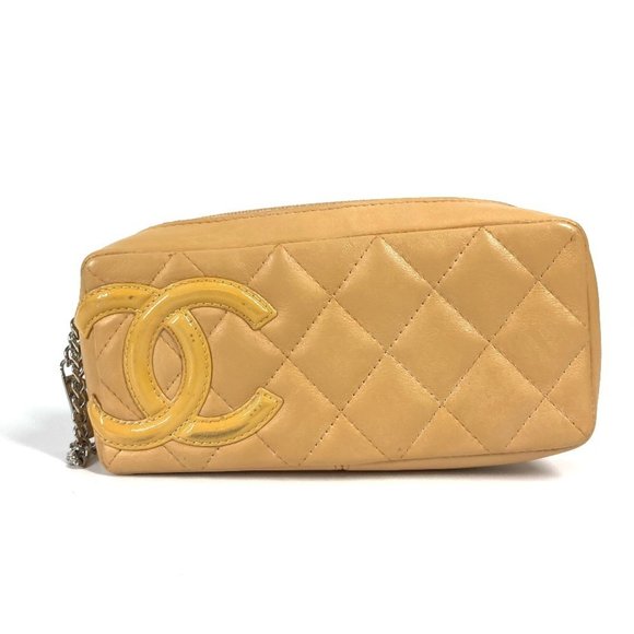 CHANEL Cambon Line CC Coco Mark Makeup Pouch Pencil Case Leather Women's Beige - Picture 1 of 15